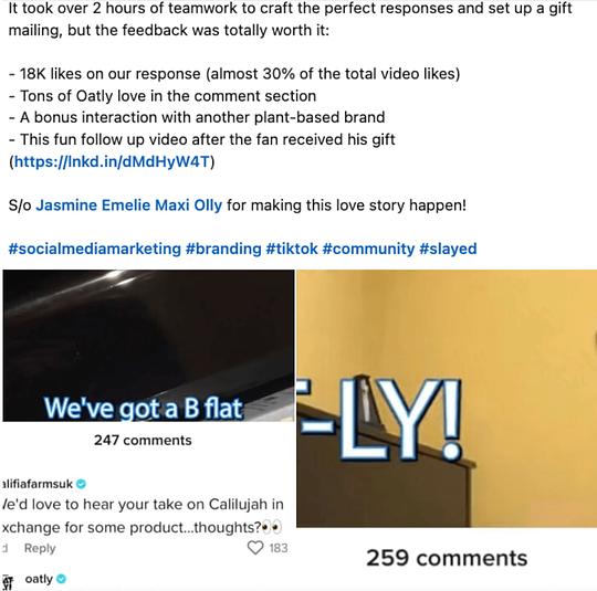A post of Simon David's funny video about Oatly's theme song on TikTok where the brand responded quickly in the comments. Their comment earned over 20,000 likes—almost a third of all likes on the video.