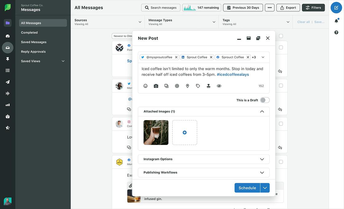 A preview of Sprout's Smart Inbox showing a draft post for Sprout Coffee Co. There is a button to schedule the post in the lower right corner.