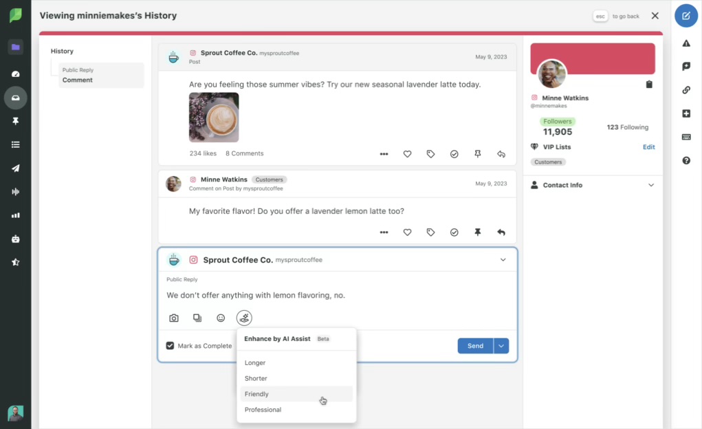 An AI dashboard showing a customer question to a post and a business reply drafted along with AI Assist