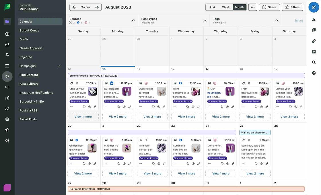 Sprout Social's Publishing calendar interface, showing scheduled August 2023 social media posts for a summer promo campaign
