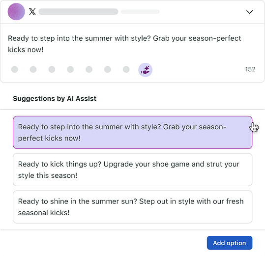 A compose window showing suggestions by AI Assist for an X (now Twitter) caption