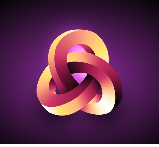 Un diseño entrelazado, similar a un nudo, en tonos de dorado, naranja y púrpura, sobre un fondo oscuro con un resplandor púrpura. Representa el valor de la empresa Sprout Social: "Todos juntos y comprometidos".​​ 