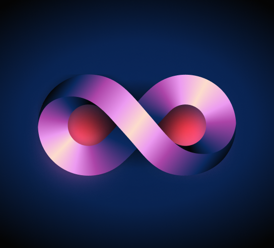 Un símbolo de infinito en tonos de rosa y púrpura con un punto rojo en un lazo, sobre un fondo azul oscuro. Representa el valor de la empresa Sprout Social: "Haz que sea un placer trabajar contigo".​​ 