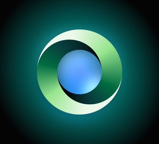 Una forma de media luna verde que rodea una esfera azul, contra un fondo oscuro con un resplandor verde. Representa el valor de la empresa Sprout Social: "Pon tu nombre".​​ 