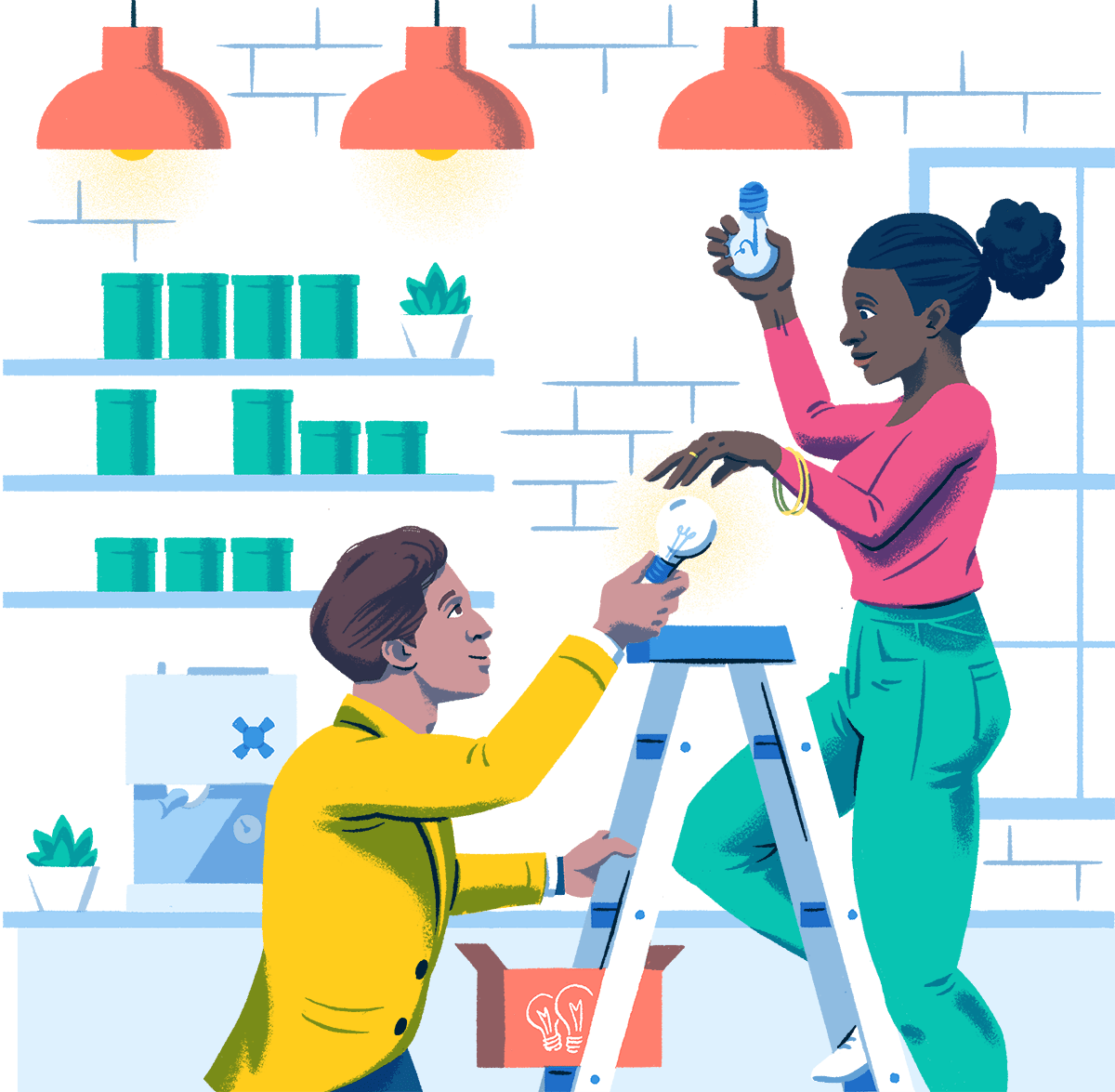 Illustration de deux collègues travaillant ensemble pour changer une ampoule.​​ 