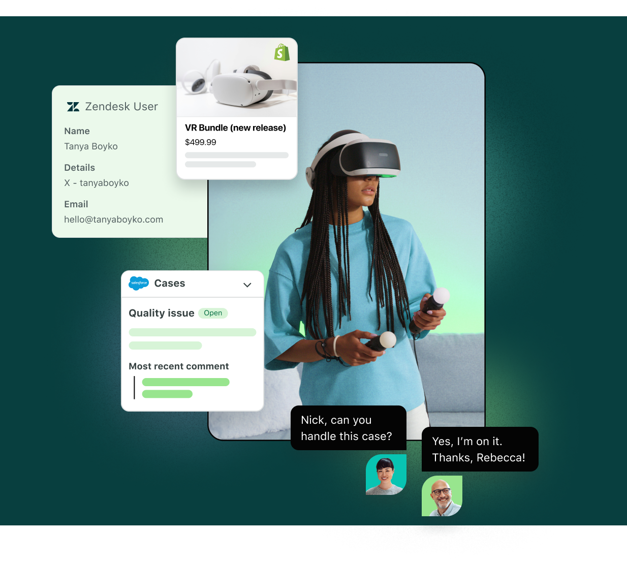 Interfaccia utente di Sprout Social che evidenzia le integrazioni con Zendesk e Salesforce per risolvere rapidamente i casi dei clienti.​​ 