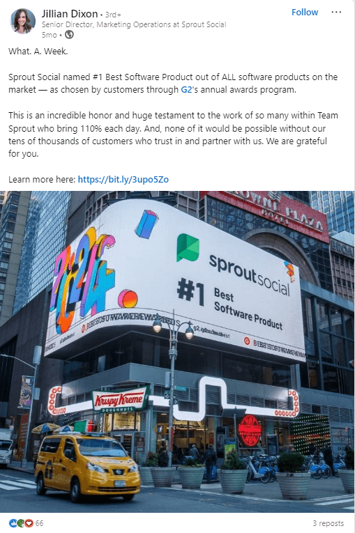 A LinkedIn post of a billboard in Times Square naming Sprout Social as the #1 Best Software