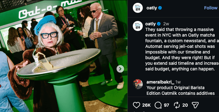 Instagram post for Oatly's launch of their macha flavored oat milk that was inspired by a viral trend