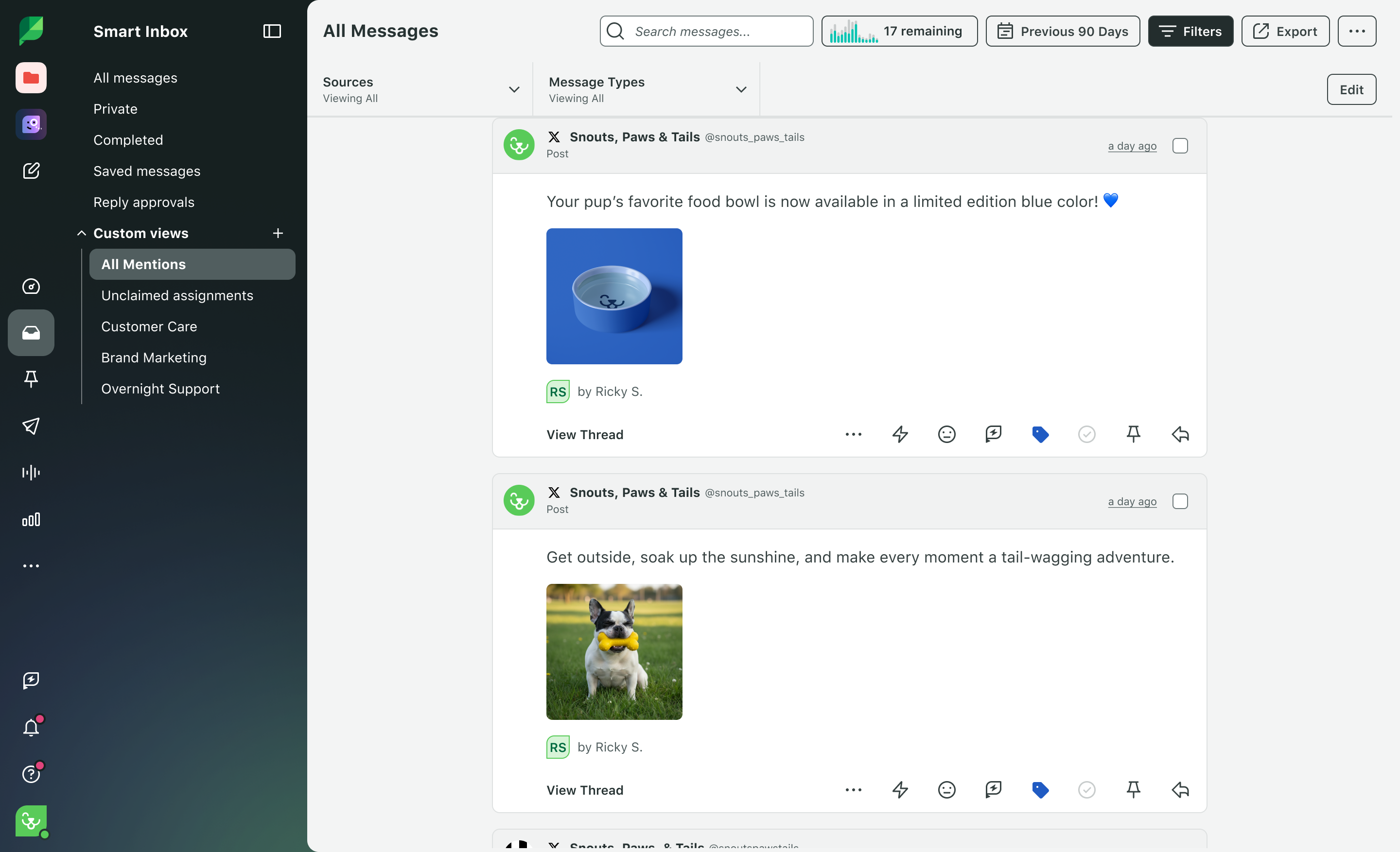 Image du produit Sprout Social illustrant la Smart Inbox pour l'engagement Ma boîte de réception.​​ 