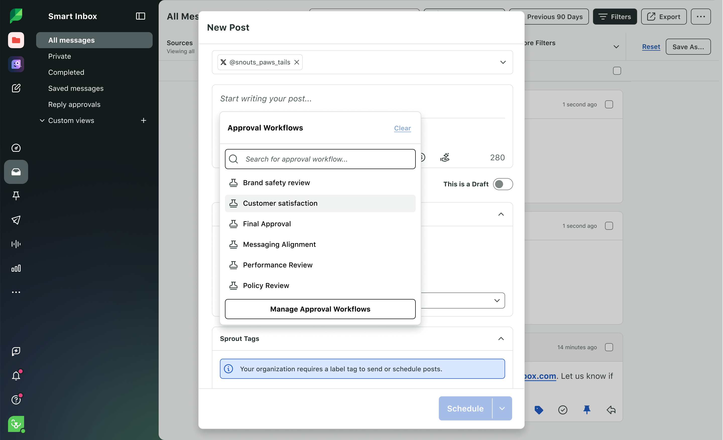 Capture d'écran du produit Sprout illustrant les flux d'approbation avancés disponibles dans l'éditeur Rédiger.​​ 
