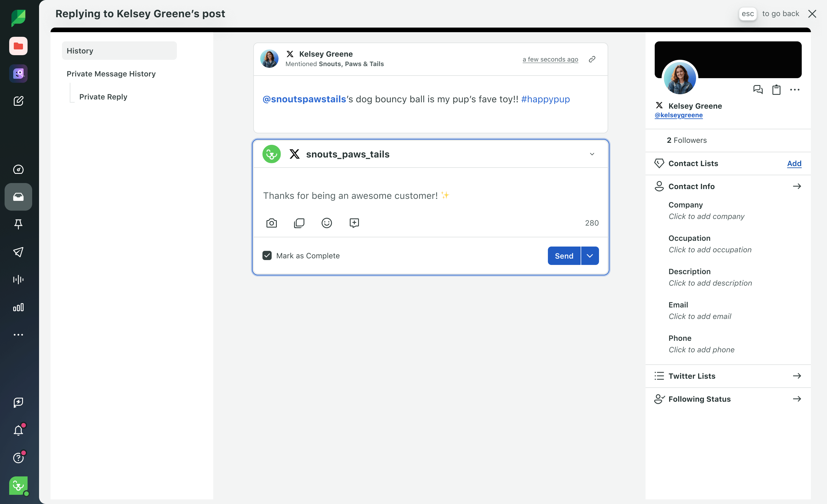 Immagine del prodotto Smart Inbox per il coinvolgimento di Sprout Social con i filtri LinkedIn selezionati e riquadro di risposta.​​ 