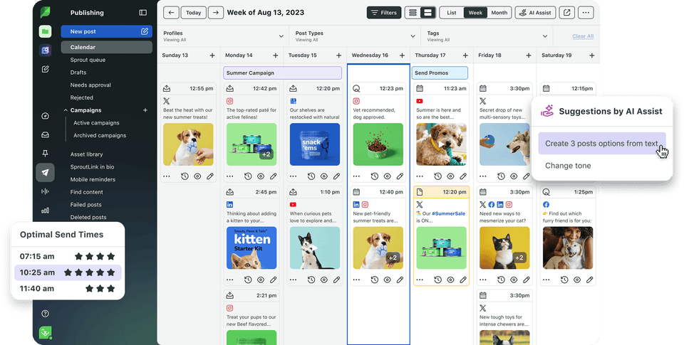 Imagen del producto de Sprout Social sobre la vista semanal de publicación con la función de arrastrar y soltar​​ 