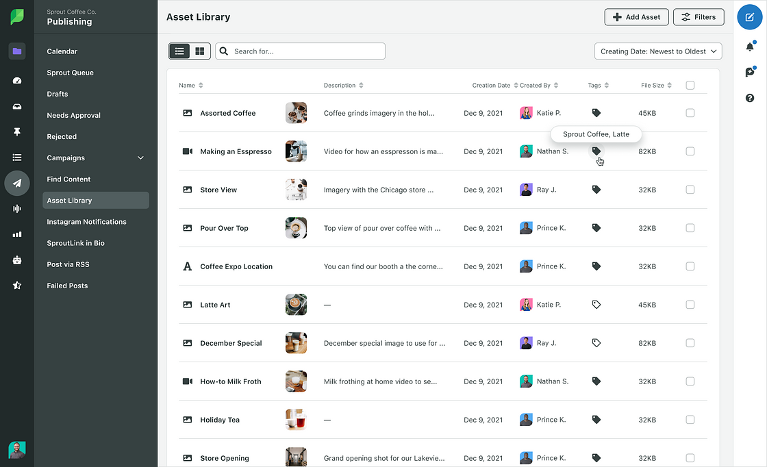 Sprout Social's Asset Library screen displaying various assets with tags