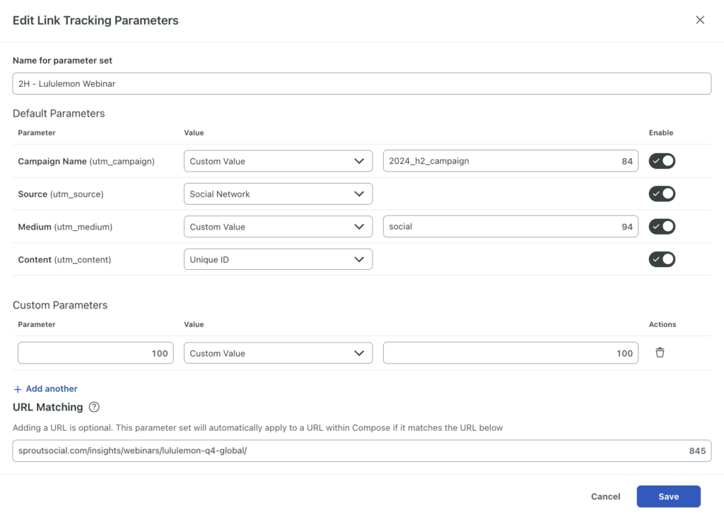 Le impostazioni dei parametri di tracciamento dei link in Sprout Social, che aggiungono automaticamente parametri ai link nei post che condividi in Sprout.​​  