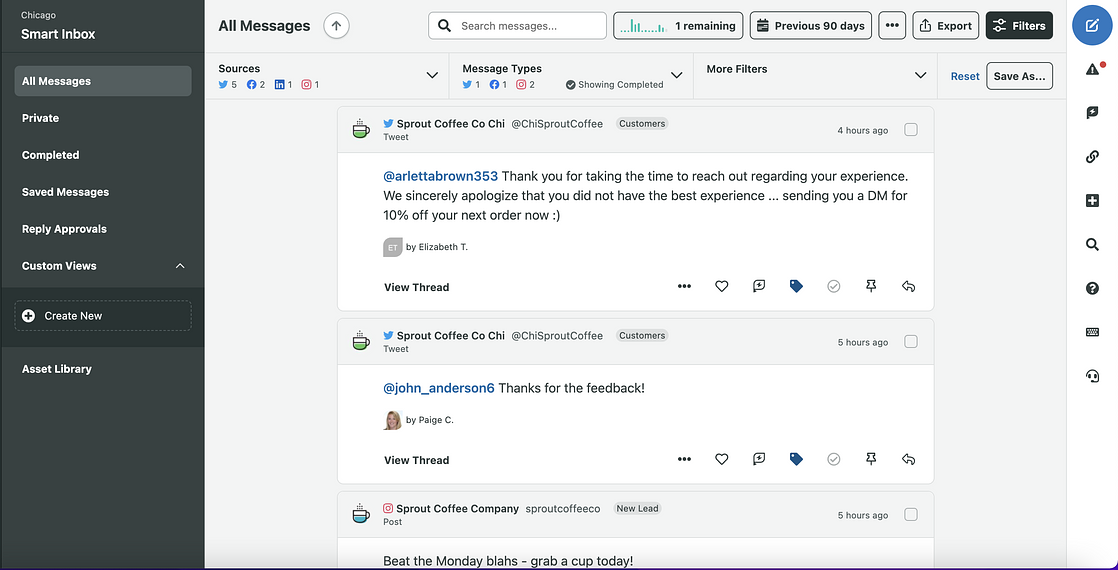 Sprout Social's Smart Inbox All Messages screen showing message account sources, types and tags