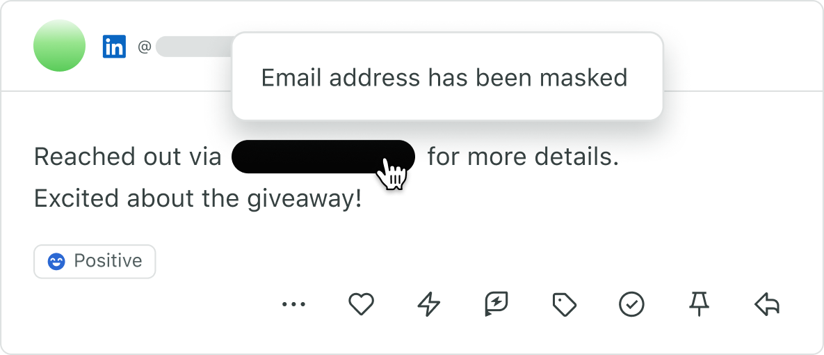 Interfaccia utente di Guardian che mostra il mascheramento automatico dei dati, che protegge le informazioni dei clienti nelle conversazioni sui social.​​ 