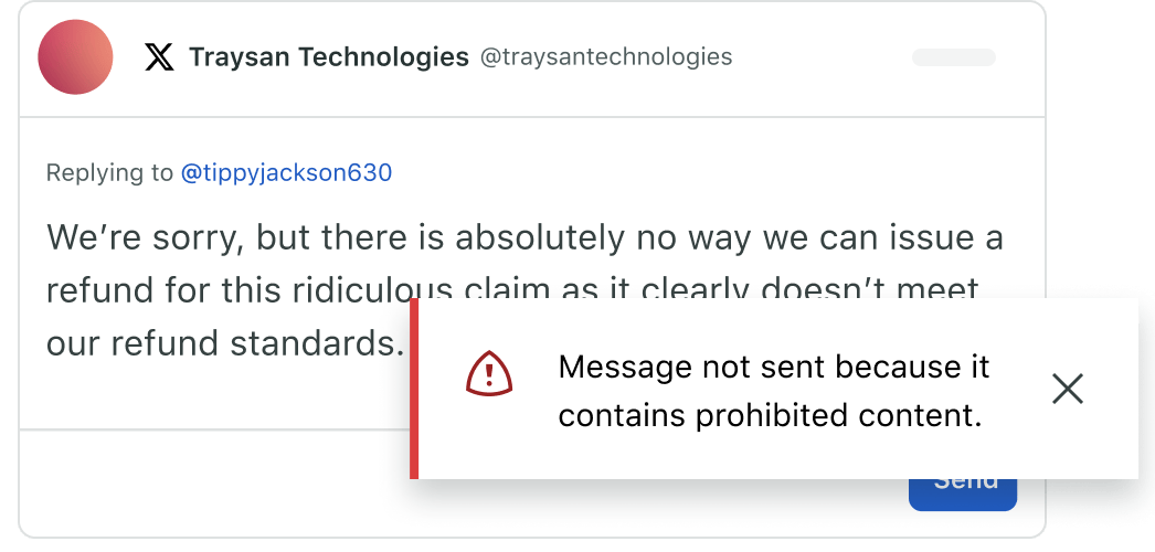 Interfaccia utente di Guardian che mostra la funzionalità delle parole bloccate, che impedisce la pubblicazione di contenuti inappropriati.​​ 
