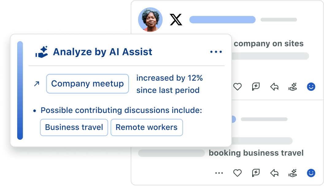 Interfaccia utente del prodotto Sprout Social Analyze di AI Assist che mostra i dati sui topic di Listening.