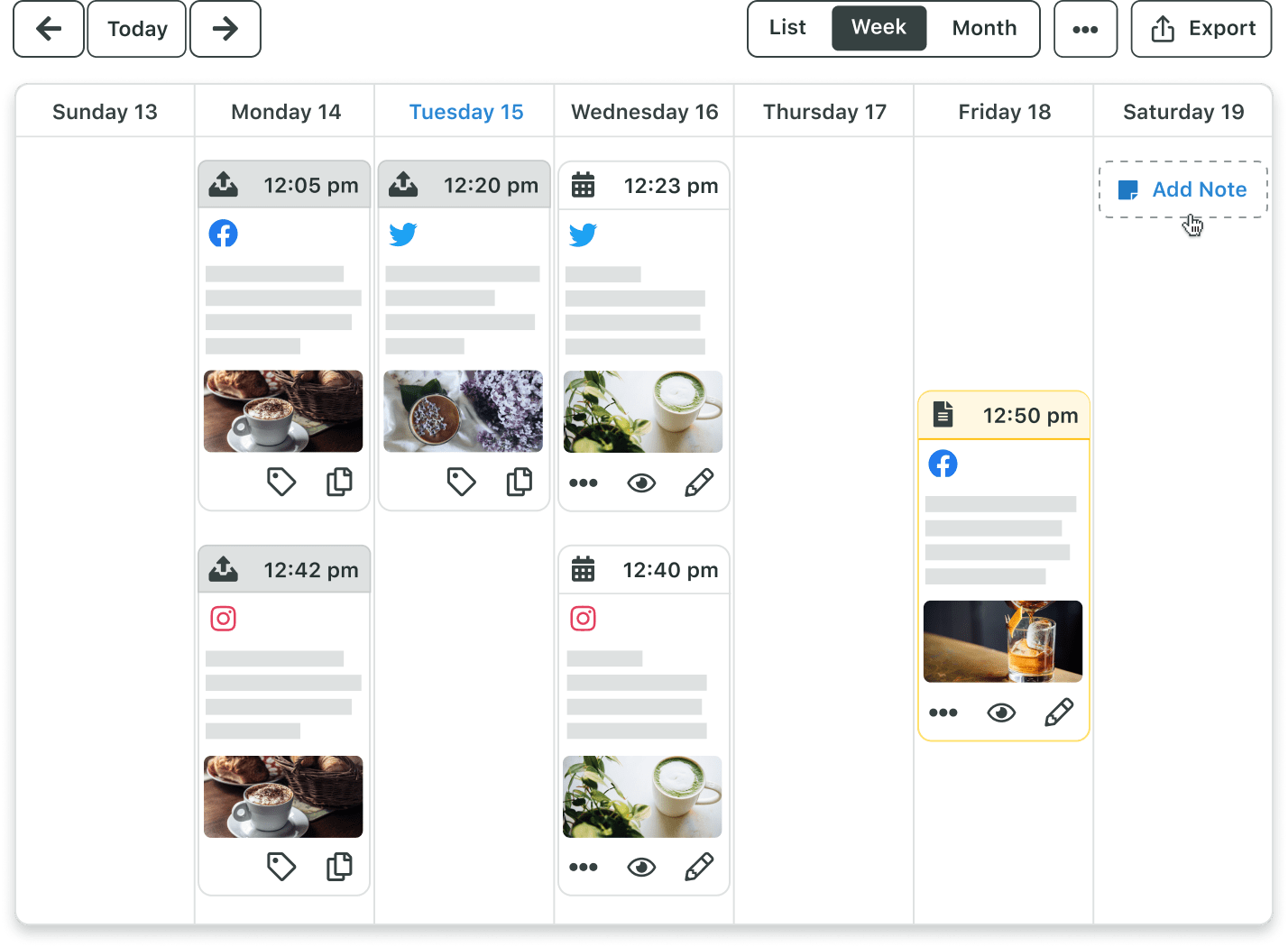 Il calendario di pubblicazione di Sprout mostra una panoramica di tutti i post programmati per la settimana, nonché l'opzione per visualizzare, etichettare e modificare i contenuti.​​ 